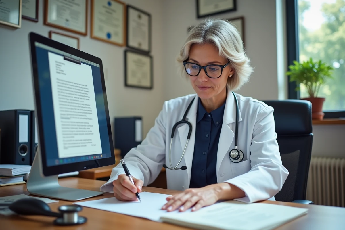 Médecin généraliste signant une attestation d'allaitement dans son cabinet médical