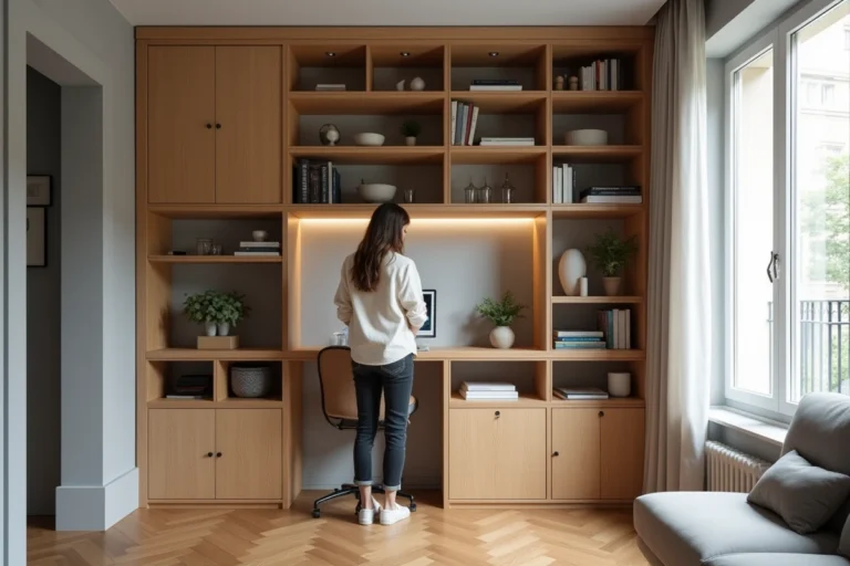 Femme aménageant une bibliothèque sur mesure en chêne dans un petit appartement parisien avec bureau escamotable intégré