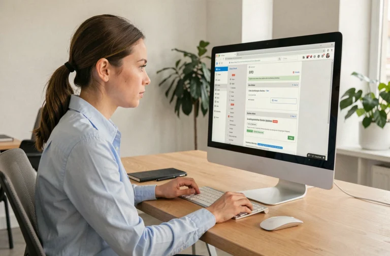 Femme utilisant un ordinateur de bureau pour naviguer sur un site web bien structuré dans un bureau moderne
