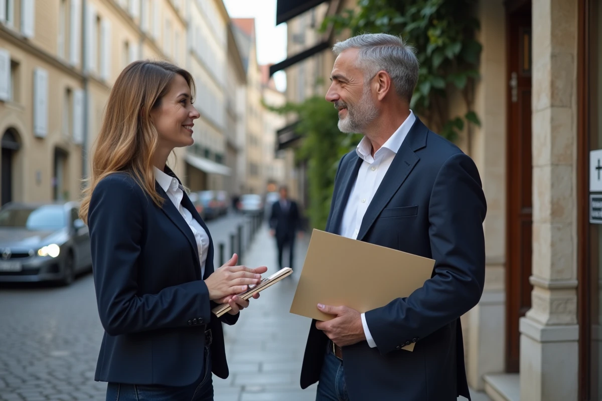 Femme propriétaire discutant avec un notaire devant une étude notariale en ville, dans le cadre de démarches fiscales pour une résidence secondaire