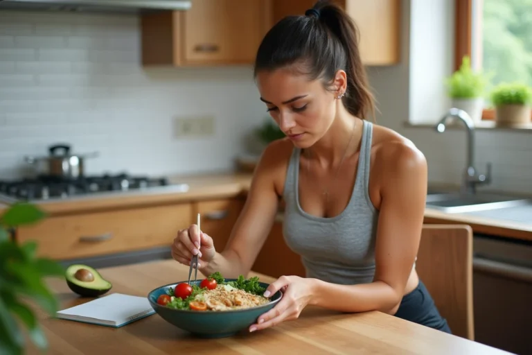 Femme sportive préparant un repas équilibré riche en protéines et légumes frais pour optimiser ses performances sportives