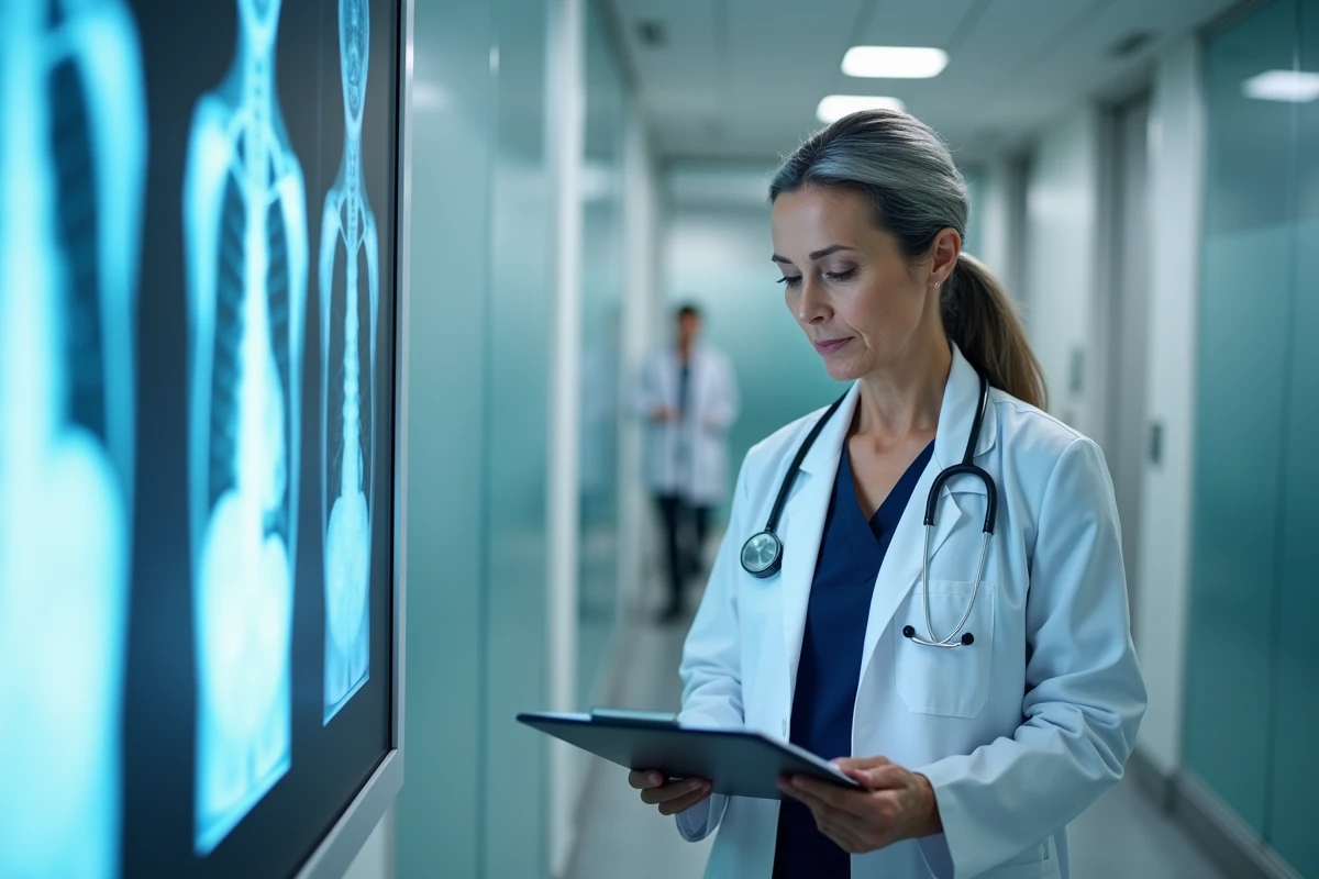 Oncologue examinant des résultats d'imagerie pour un cas de cancer du sein métastatique en service hospitalier