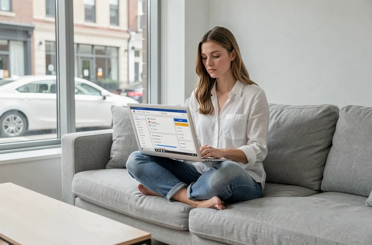 Jeune femme parcourant l'organisation d'un site web sur son ordinateur portable depuis son salon