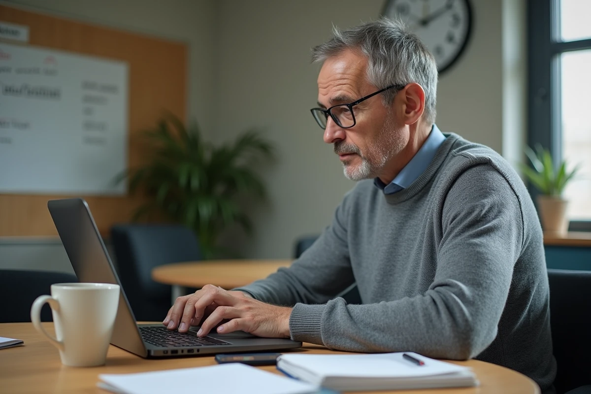 Professeur masculin utilisant un ordinateur portable pour accéder à sa messagerie académique dans une salle des professeurs
