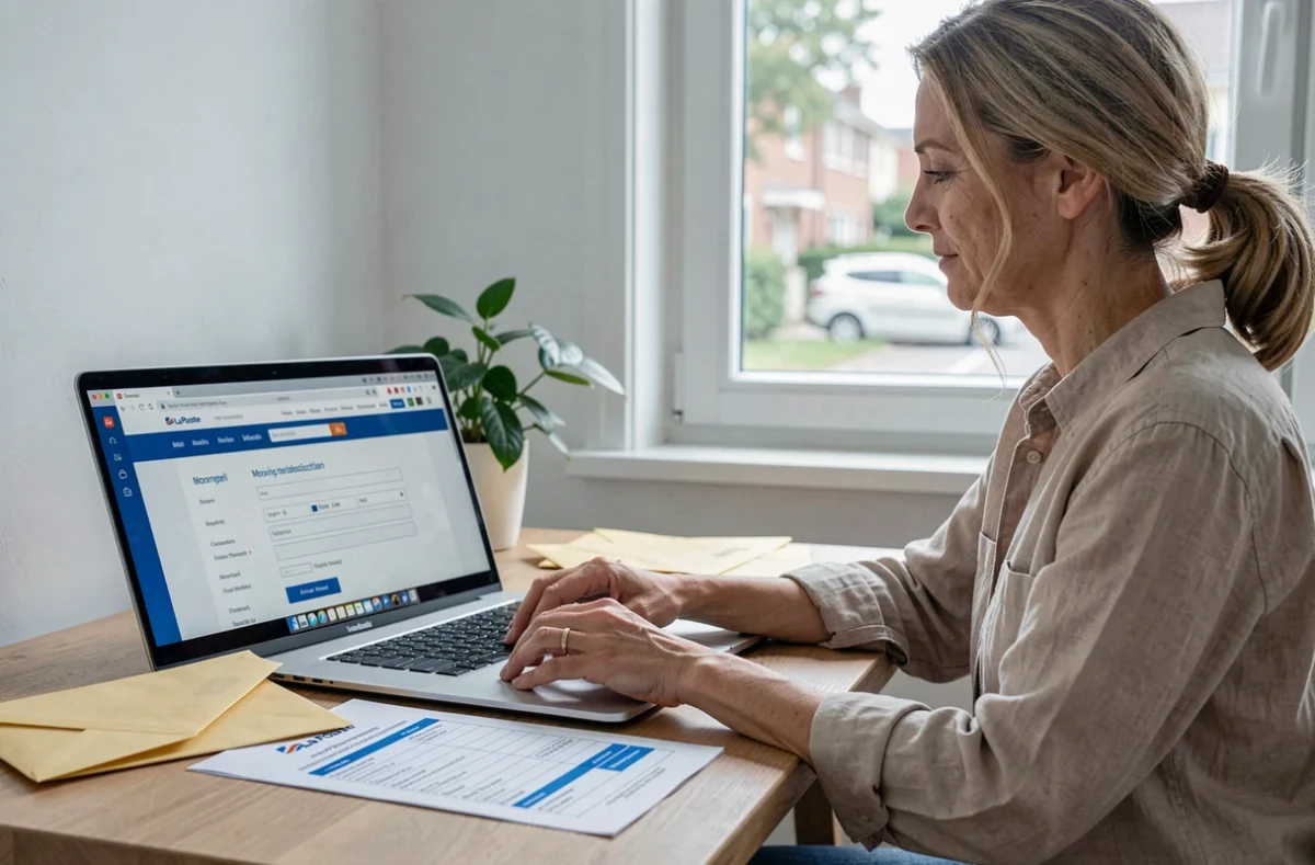 Femme remplissant un formulaire de réexpédition de courrier en ligne sur un ordinateur portable à domicile