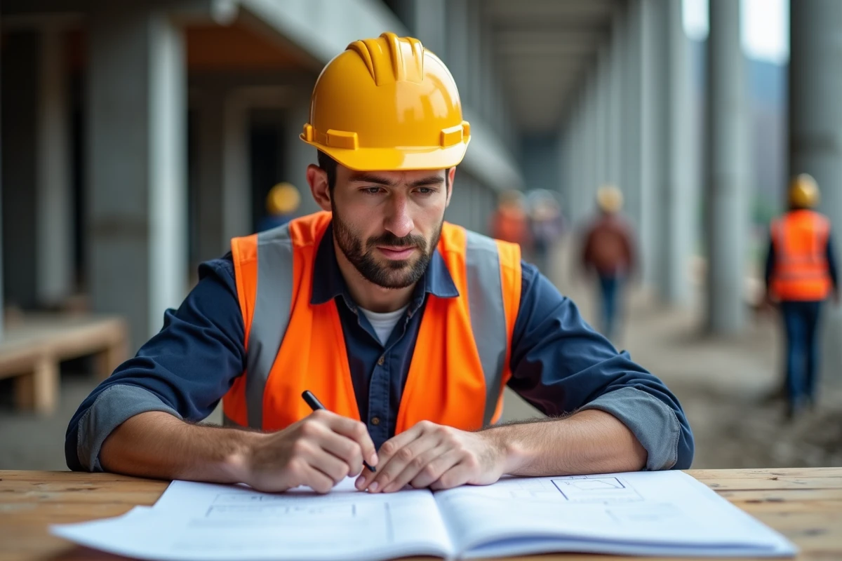 Ouvrier du bâtiment en gilet orange étudiant des plans sur un chantier de construction, symbolisant le secteur BTP en forte demande de main-d'œuvre
