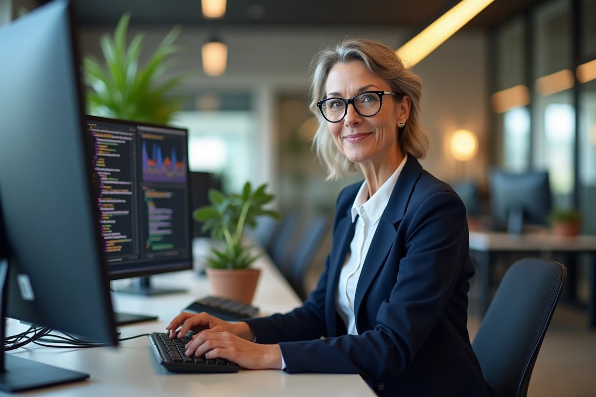 Développeuse informatique travaillant sur des écrans de code dans un bureau tech moderne, représentant le secteur numérique parmi les plus recruteurs du marché
