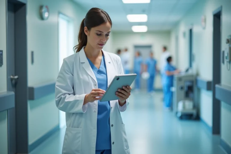 Infirmière en blouse blanche consultant une tablette dans un couloir d'hôpital moderne, illustrant le secteur de la santé qui recrute massivement