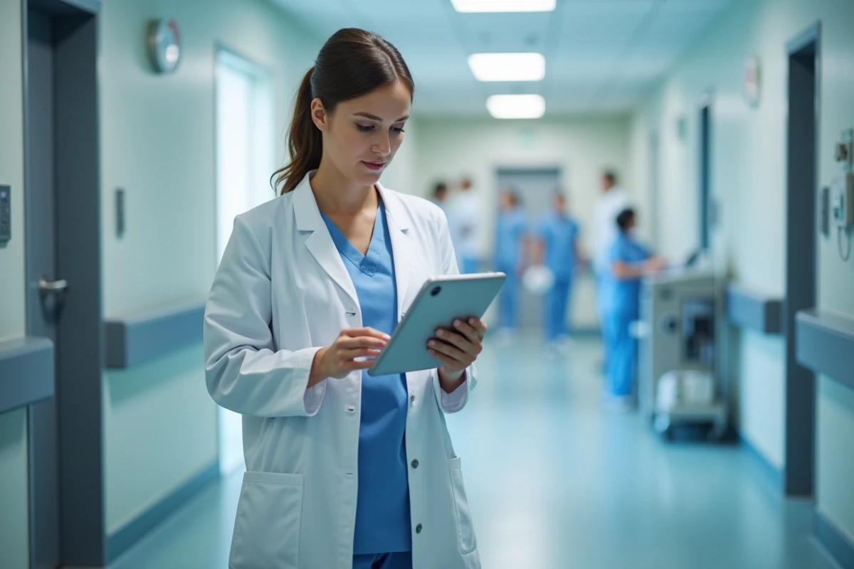 Infirmière en blouse blanche consultant une tablette dans un couloir d'hôpital moderne, illustrant le secteur de la santé qui recrute massivement