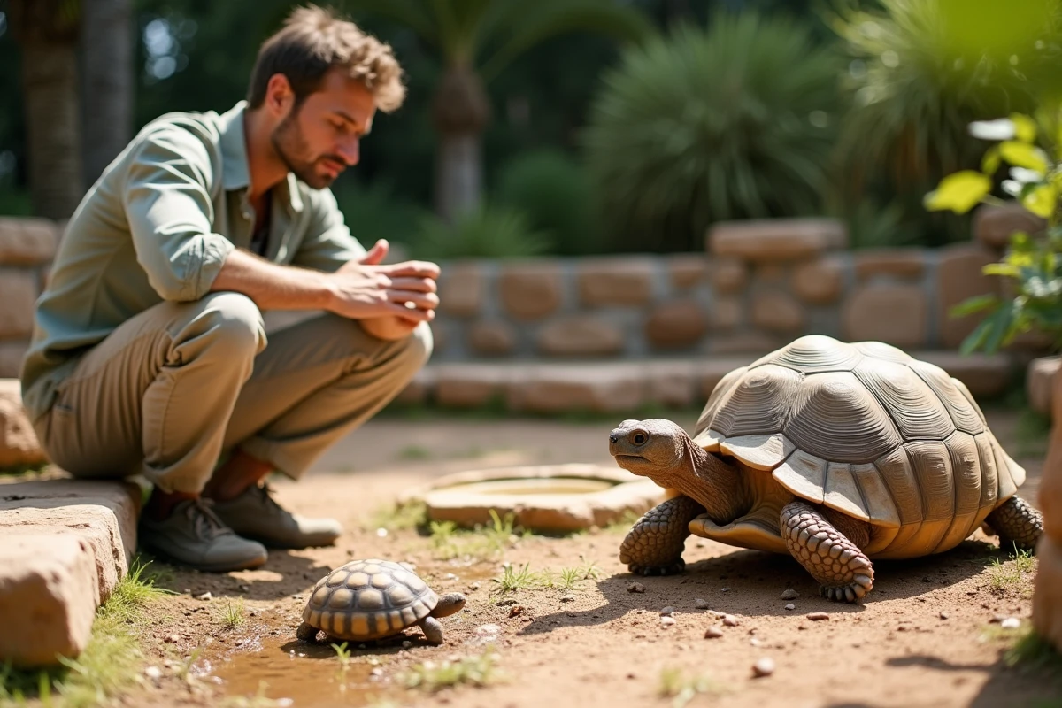 Propriétaire observant calmement une tortue Hermann dans un enclos extérieur aménagé, illustrant les bonnes pratiques pour apaiser le reptile