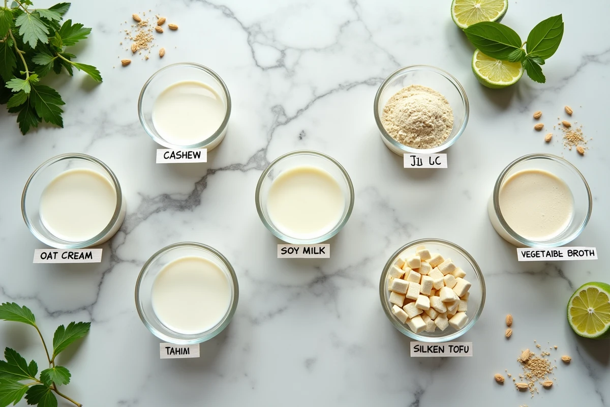 Vue du dessus de plusieurs alternatives au lait de coco disposées dans des bols en verre sur un plan de travail en marbre pour des recettes salées