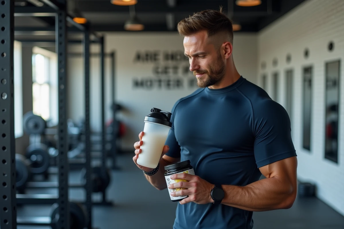 Sportif masculin préparant une boisson protéinée après l'entraînement dans une salle de sport moderne