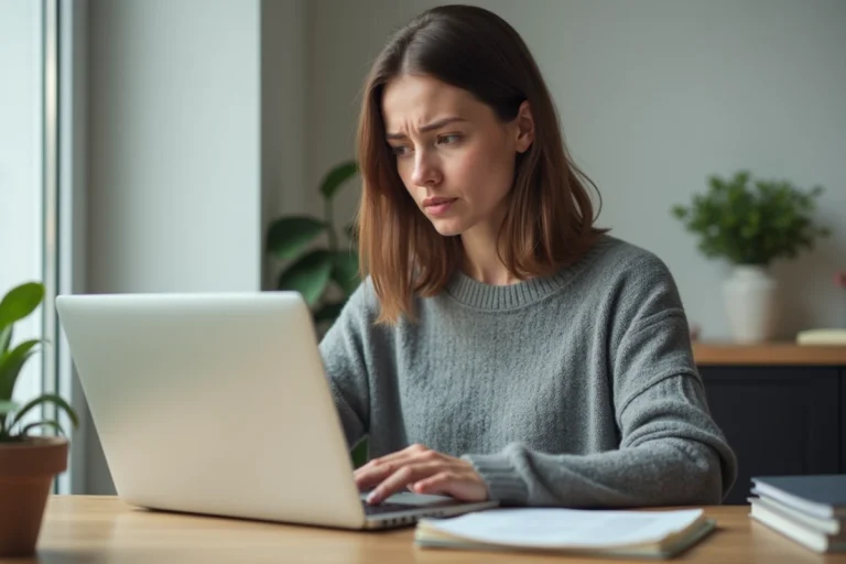 Femme consultant son ordinateur portable pour supprimer son compte Le Bon Coin à son bureau à domicile