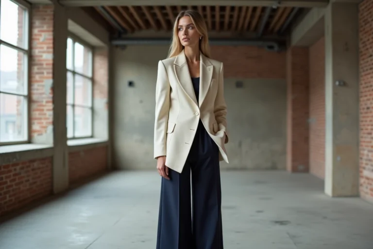 Jeune créatrice de mode émergente portant un blazer structuré ivoire dans un loft industriel de Lille lors d'un événement de mode underground