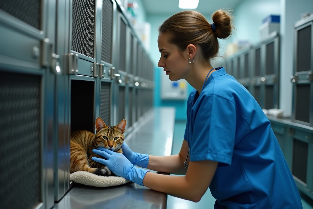Technicienne vétérinaire vérifiant un chat hospitalisé dans sa cage pendant la nuit
