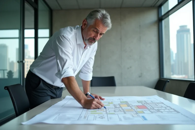 Urbaniste analysant un plan de zonage sur une table de bureau municipal moderne