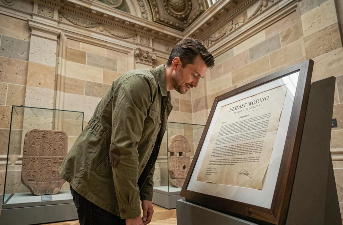 Visiteur du Louvre lisant un document archival exposé près d'un artefact issu des conquêtes militaires napoléoniennes